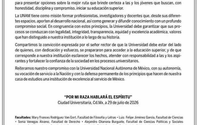 Colegio de Directoras y Directores de la UNAM respalda al rector Leonardo Lomelí por revisión del ingreso 2026