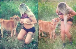 Modelo brasileña sube fotos amamantando a un becerro