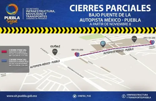 Anuncian cierres parciales en el bajo puente de la Autopista México-Puebla