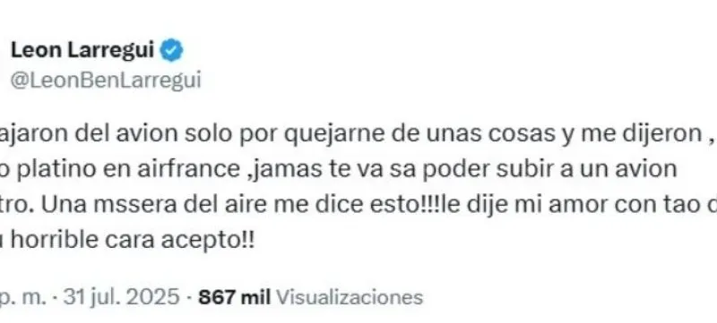 León Larregui arremete contra aerolínea tras ser bajado del avión: “Air France es racista”