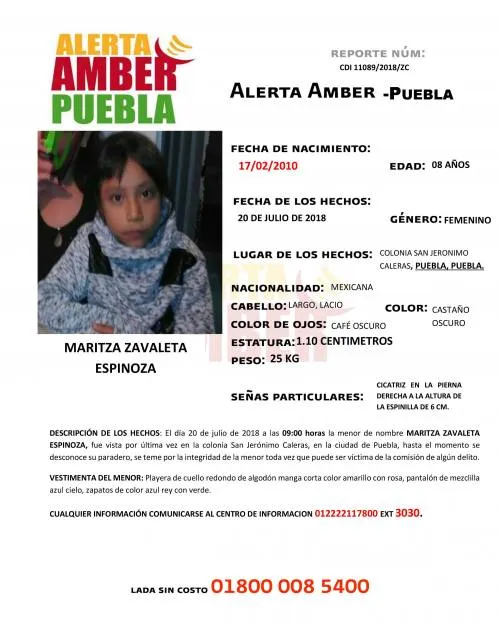 ¡Atención! Fiscalía de Puebla activó Alerta Amber para ubicar a Maritza Zavaleta Espinoza, de 8 años