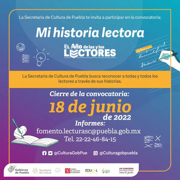 Convoca Secretaría de Cultura a poblanos a participar en “Mi Historia Lectora”