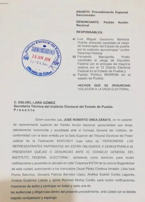 PAN Puebla interpone queja contra Morena por violar veda electoral