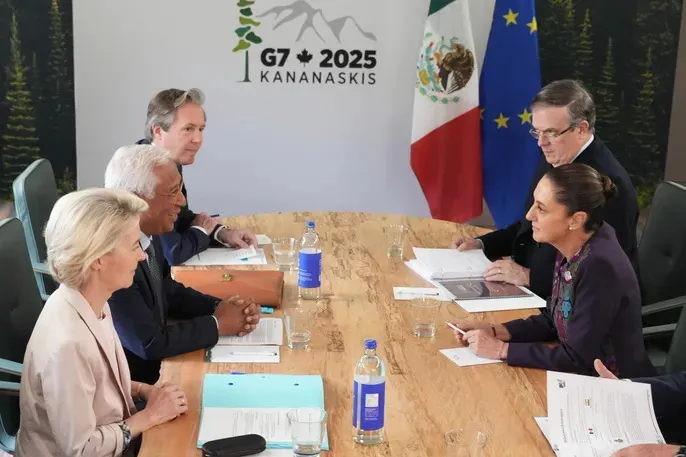 En G7, dialoga Claudia Sheinbaum sobre actualización del acuerdo comercial entre México y la Unión Europea