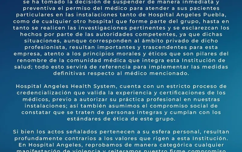 Hospital Ángeles suspende a médico señalado por violencia contra su exesposa