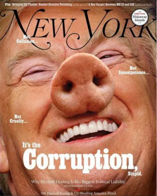 Ponen trompa de cerdo a Trump: “Es la corrupción, estúpido”