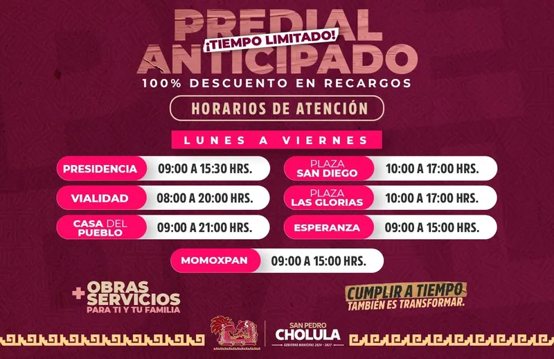 Última semana de máximos descuentos en el Predial en San Pedro Cholula