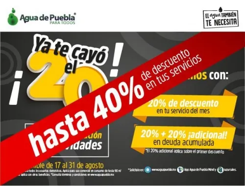 Este lunes 31 de agosto vence descuento hasta del 40% en adeudos en Agua de Puebla