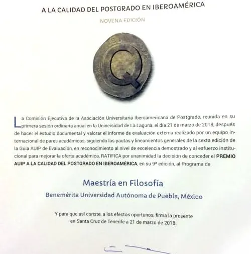 Maestría en Filosofía de la BUAP distinguida con el Premio a la Calidad del Posgrado en Iberoamérica