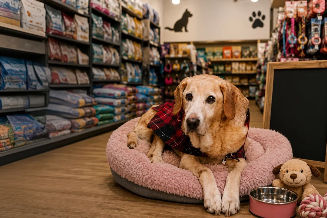 Perrita en una tienda de mascotas