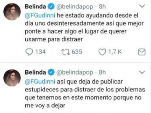 Belinda y Alfredo Gudinni se enfrentan en Twitter