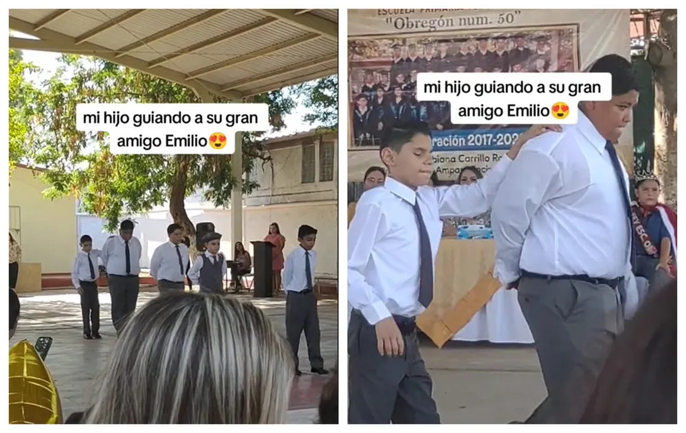 Niño guía a su amigo en la graduación