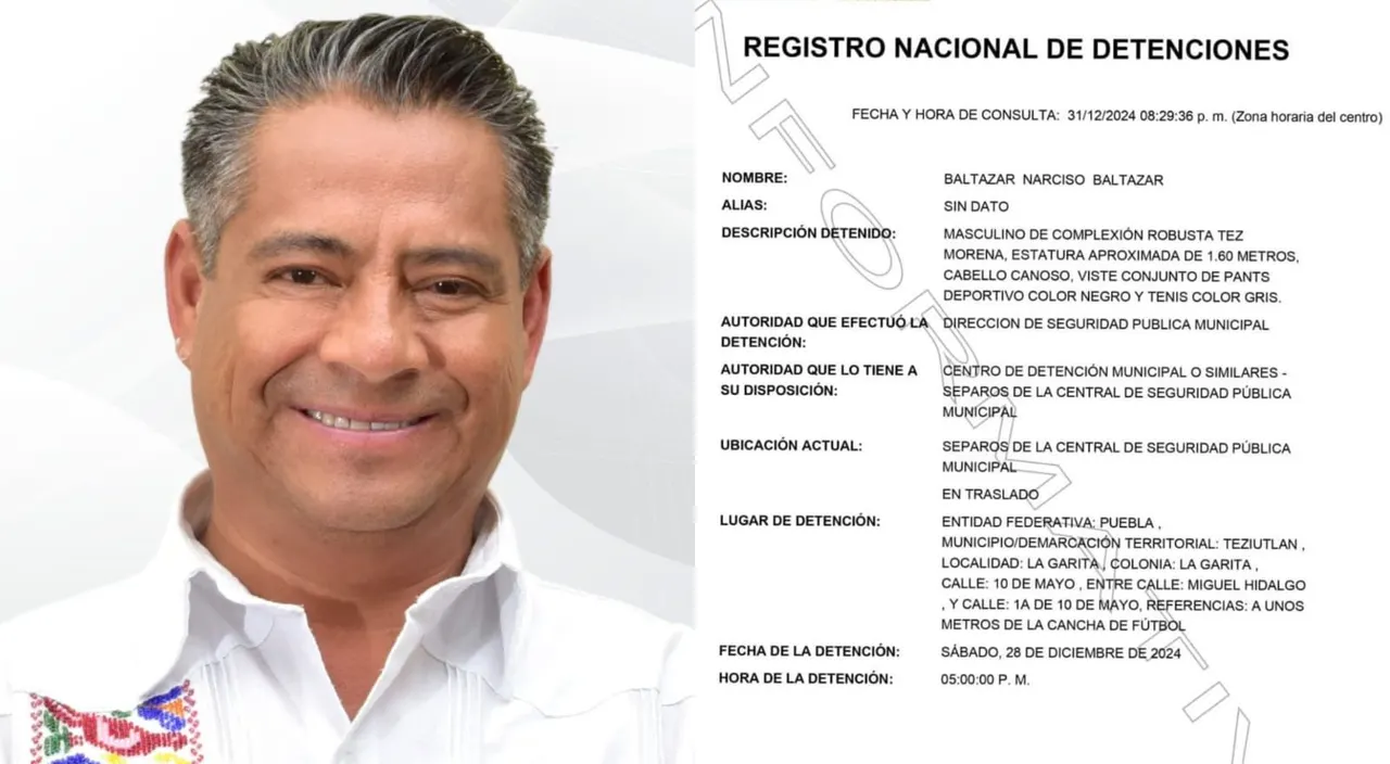 Ficha de detención de Baltazar Narciso, expresidente de Xiutetelco