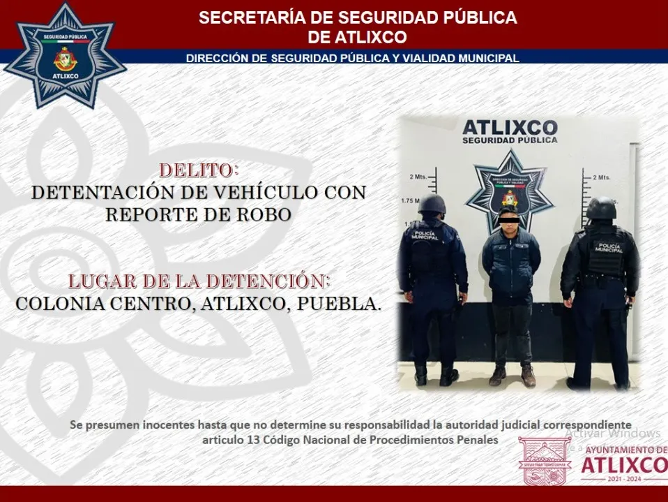 Seguridad Pública de Atlixco recupera auto con reporte de robo