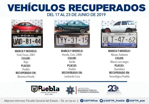 Ubicaron y recuperaron fuerzas municipales de Puebla seis vehículos con reporte de robo