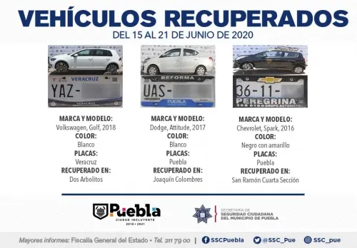 Recuperó policía municipal de Puebla seis vehículos con reporte de robo