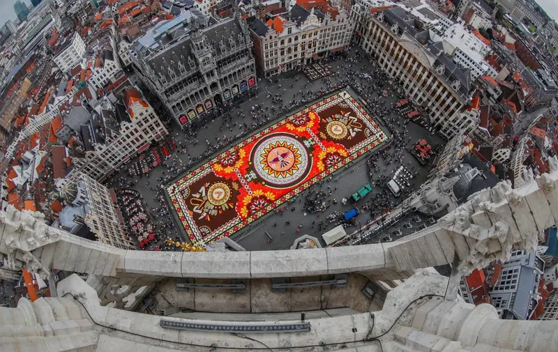 Vista aérea del tapiz floral de 1800 metros cuadrados instalado en la Grand Place de Bruselas.