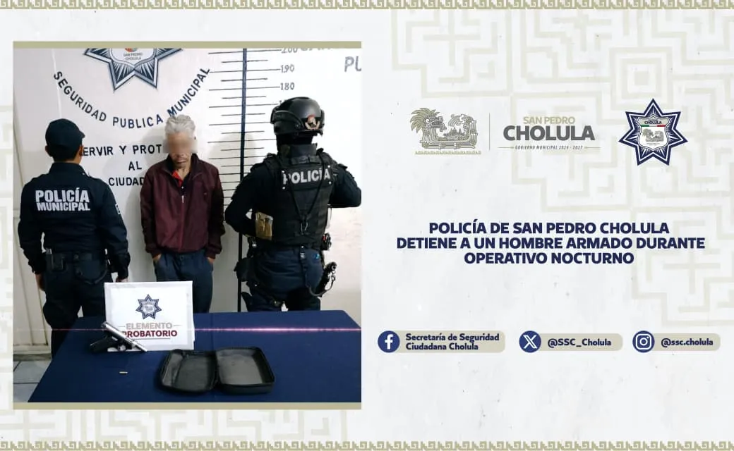 Detienen en San Pedro Cholula a hombre por portación ilegal de arma de fuego durante patrullaje nocturno