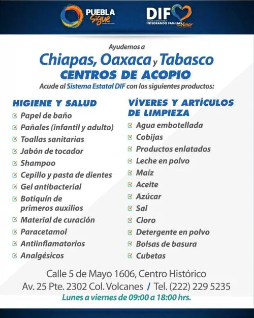 Sistema Estatal DIF abre centros de acopio para apoyar a familias de Chiapas, Oaxaca y Tabasco