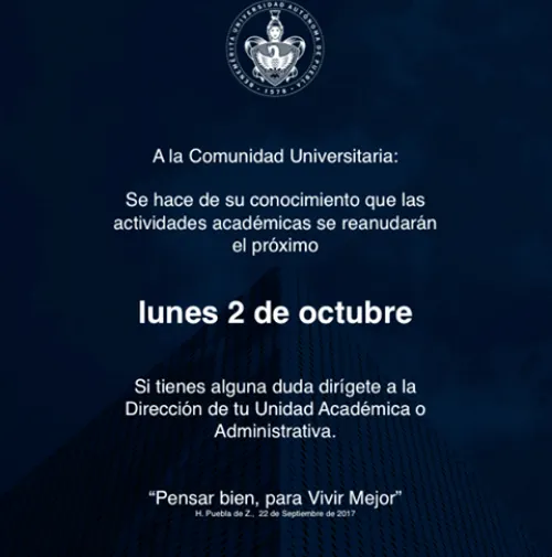 La BUAP reanuda clases hasta el 2 de octubre