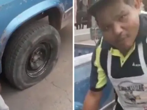 ‘Dale vuelta, arriba tiene aire’: Hombre intenta arreglar llanta ponchada