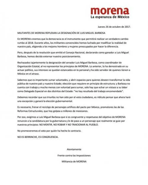 Militantes de Morena exigen a Barbosa su renuncia