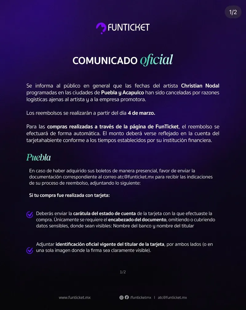 Puebla se queda otra vez sin concierto de Christian Nodal: FunTicket confirma cancelación