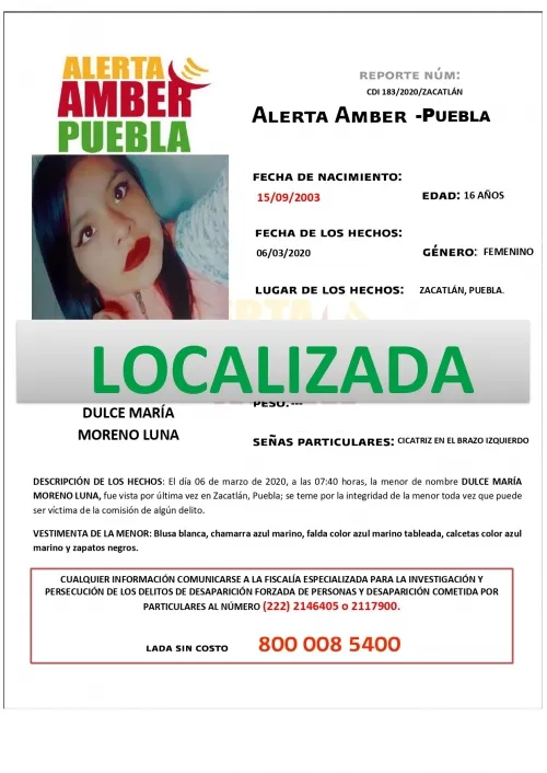 Fiscalía de Puebla localiza ilesa a Dulce María; desactiva Alerta Amber