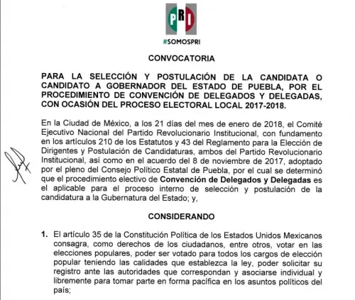 Emite PRI convocatoria para elegir a su candidato a la gubernatura de Puebla