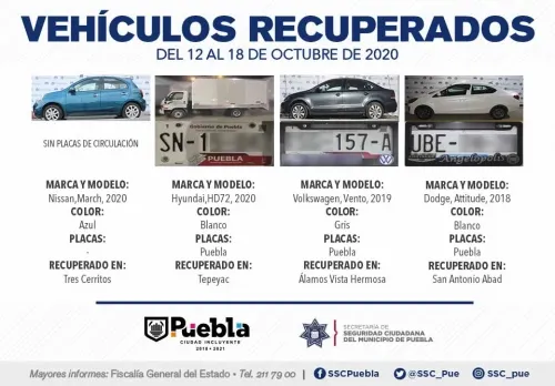Recuperó policia municipal de puebla una decena de vehículos con reporte de robo