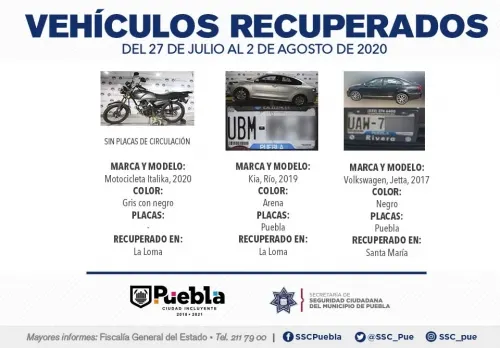Remitió Policía Municipal de Puebla 22 vehículos ante el Agente del Ministerio Público.
