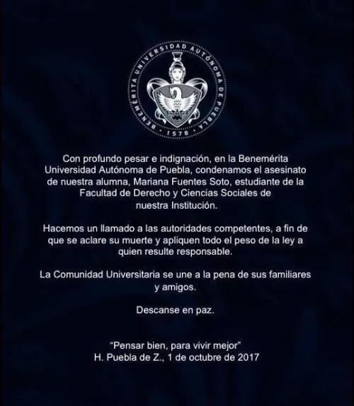 BUAP exige a las autoridades den con los responsables del homicidio de Mariana Fuentes
