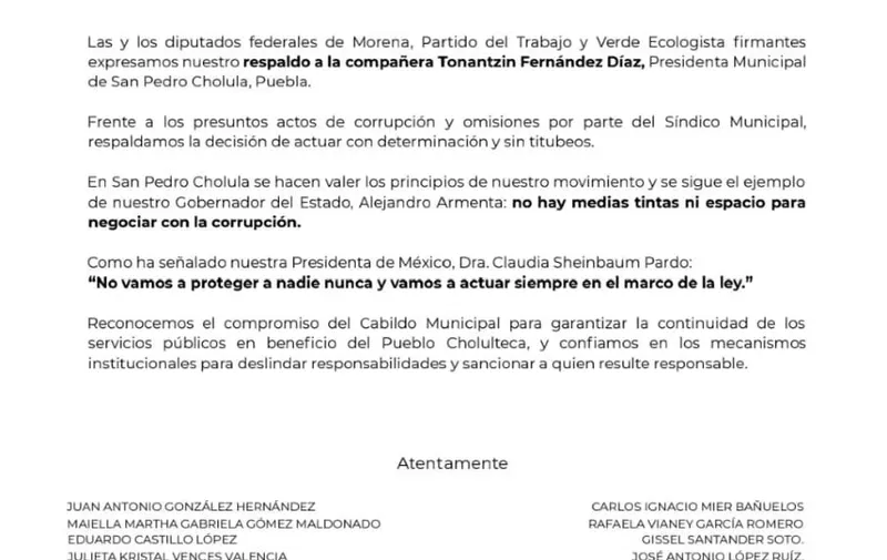 Diputados federales de Morena, PT y Verde cierran filas con Tonantzin Fernández ante conflicto con síndico en San Pedro Cholula