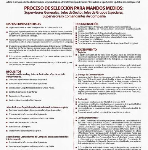 Emite Ssptm de Puebla convocatoria para selección de mandos medios