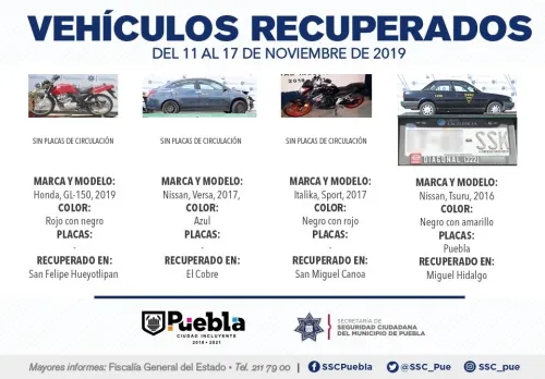 Recuperaron fuerzas municipales de Puebla 16 vehículos con reporte de robo