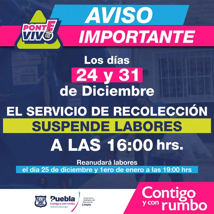 24 y 31 de diciembre el servicio de recolección de basura trabajará hasta las 16:00 horas