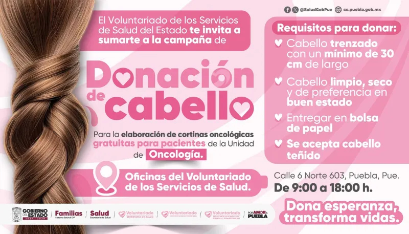 Gobierno de Puebla promueve donación de cabello para Unidad de Oncología