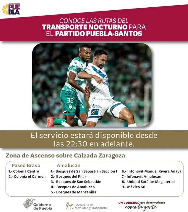 Vuelve transporte nocturno para disfrutar partidos del Club Puebla: SMT