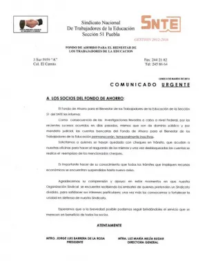 Sección 51 del SNTE cancela cheques expedidos a maestros de Puebla