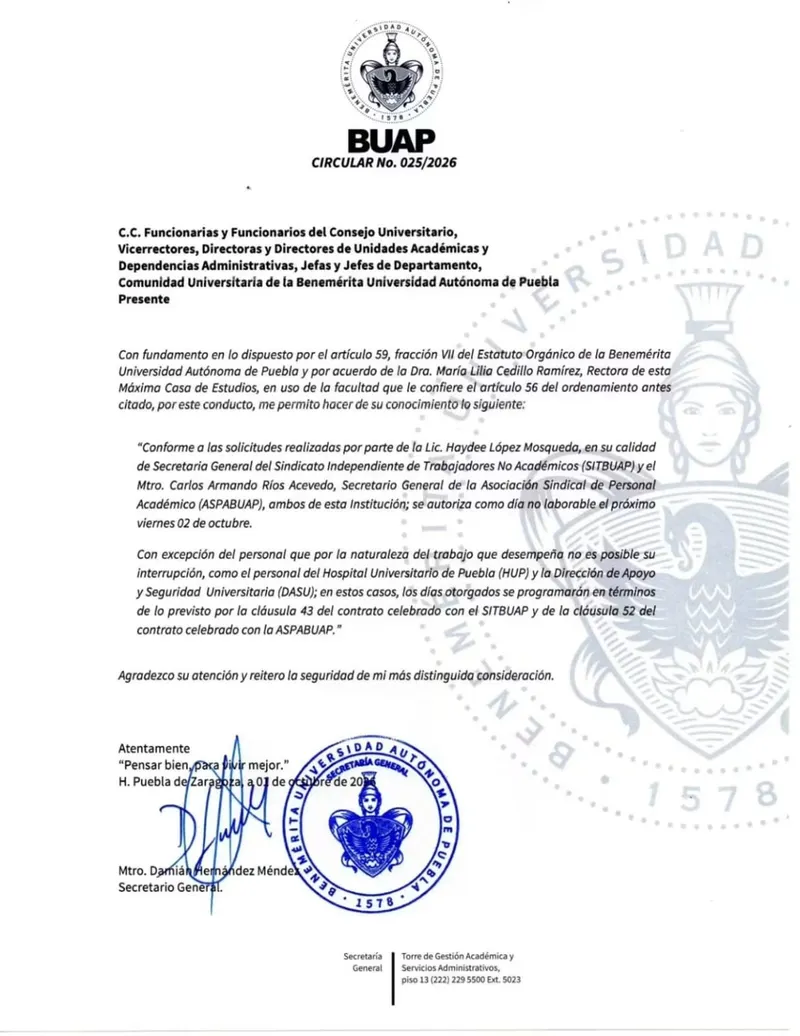 BUAP suspenderá actividades este viernes 2 de octubre; habrá puente para estudiantes