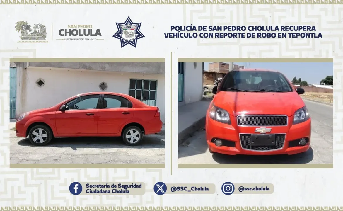 SSC de San Pedro Cholula recupera vehículo con reporte de robo en Tepontla