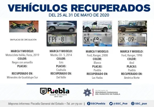 En la última semana de mayo, remitió policía municipal de Puebla 4 vehículos