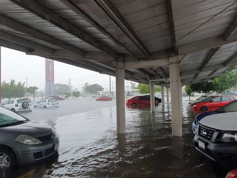 Automóviles quedan casi bajo el agua por inundación en Mérida