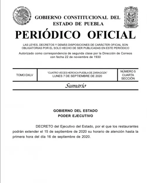 Gobierno estatal publica decreto para que restaurantes puedan cerrar a la 1 am del 16 de septiembre