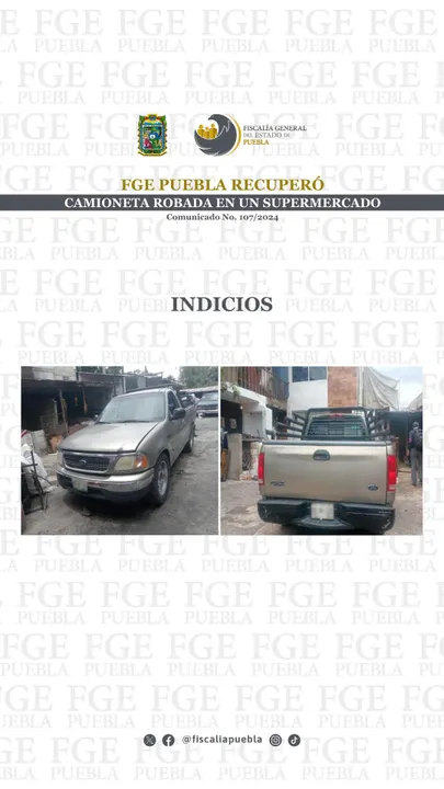 FGE de Puebla recupera camioneta robada en un supermercado