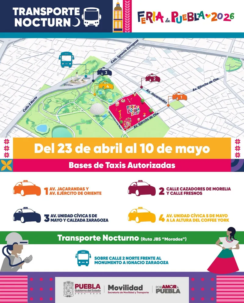 Instalan bases de taxi y rutas nocturnas por la Feria de Puebla 2026
