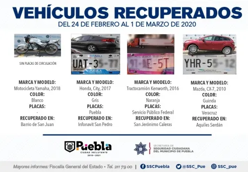 Recuperó Policía Municipal de Puebla siete vehículos con reporte de robo
