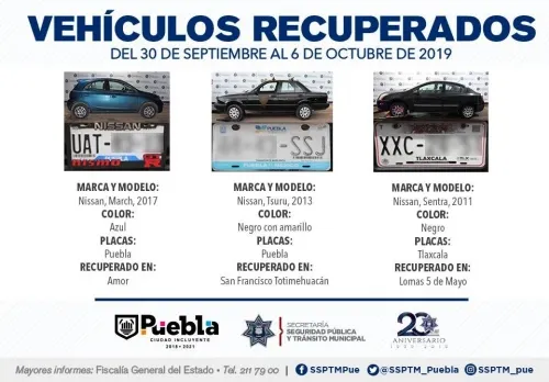 Recuperaron fuerzas municipales de Puebla cinco vehículos con reporte de robo