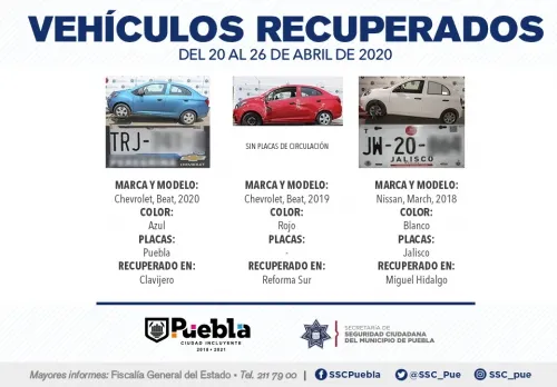 Ubicó y recuperó policía municipal de Puebla nueve vehículos con reporte de robo
