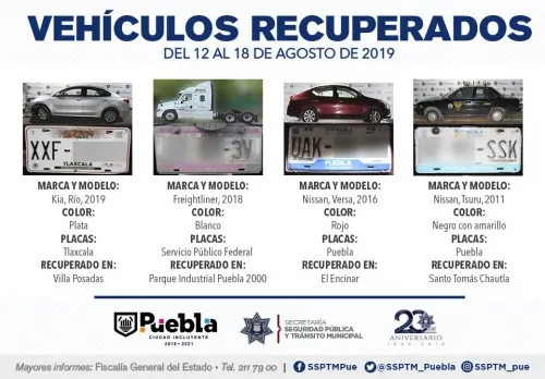 Fuerzas Municipales de Puebla recuperaron diez vehículos  con reporte de robo